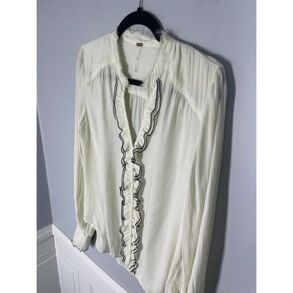 Free People, Size Small, Off White Button Up Blouse, Distressed Ruffle Contrast - Picture 7 of 9